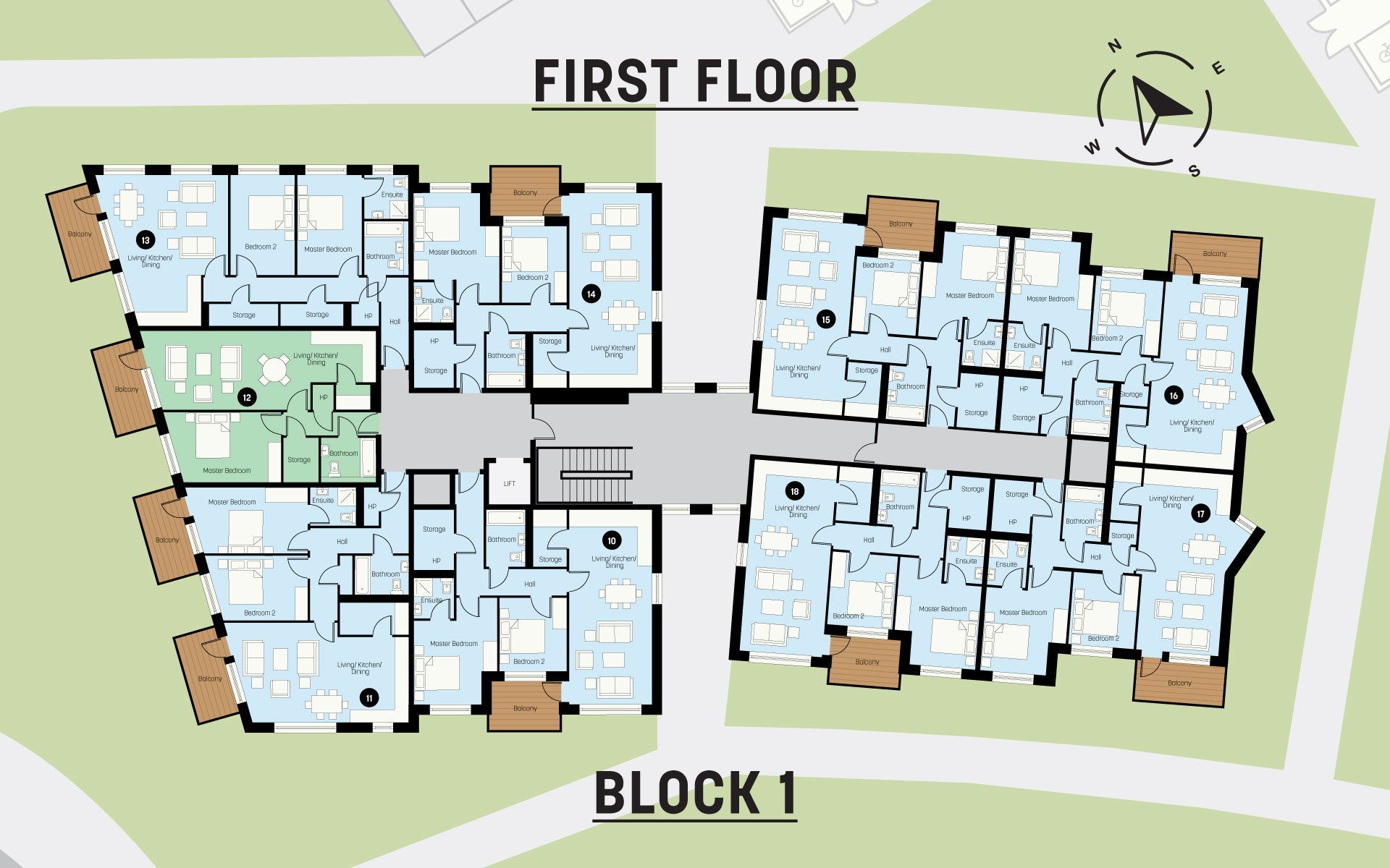 Floor plan of Block 1 first floor showing 10 apartments, each with living/kitchen/dining areas, bedrooms, bathrooms, storage, and balconies.