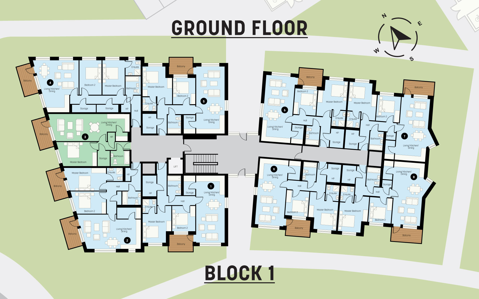 Ground floor architectural floor plan of Block 1 showing multiple apartments with labeled rooms including living/kitchen/dining, bedrooms, bathrooms, ensuites, storage, hallways, and balconies with a north directional compass.