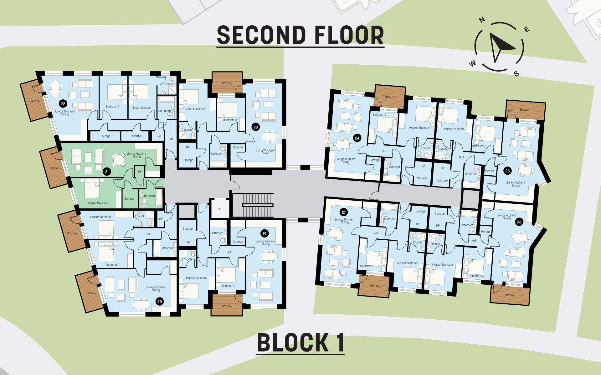 Architectural floor plan of Block 1 second floor showing multiple apartments with bedrooms, living/kitchen/dining areas, bathrooms, storage, balconies, and hallways connected by central corridors.