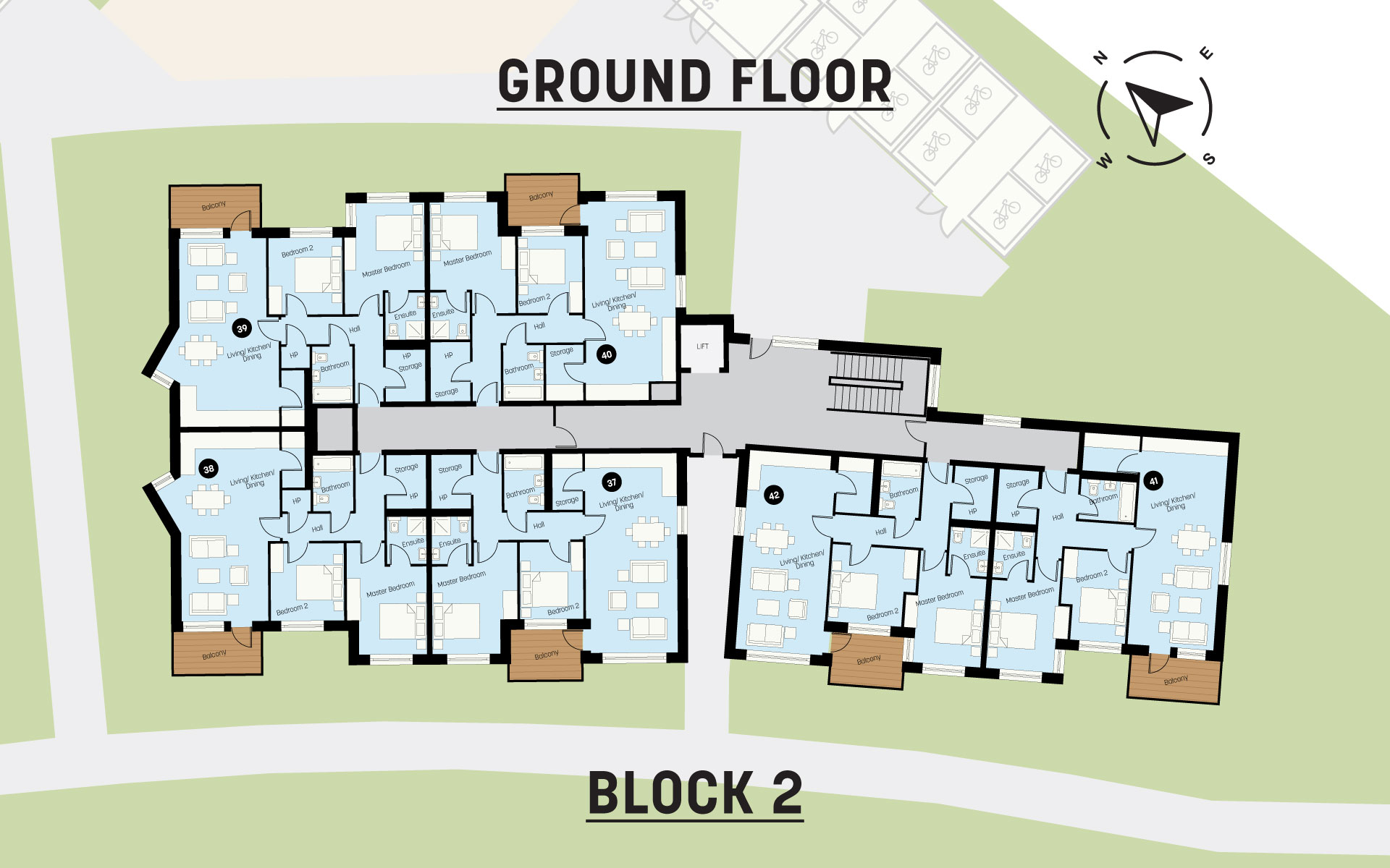 Floor plan of Block 2 Ground Floor showing layout of multiple apartments with bedrooms, living/kitchen/dining areas, bathrooms, storage, and balconies.
