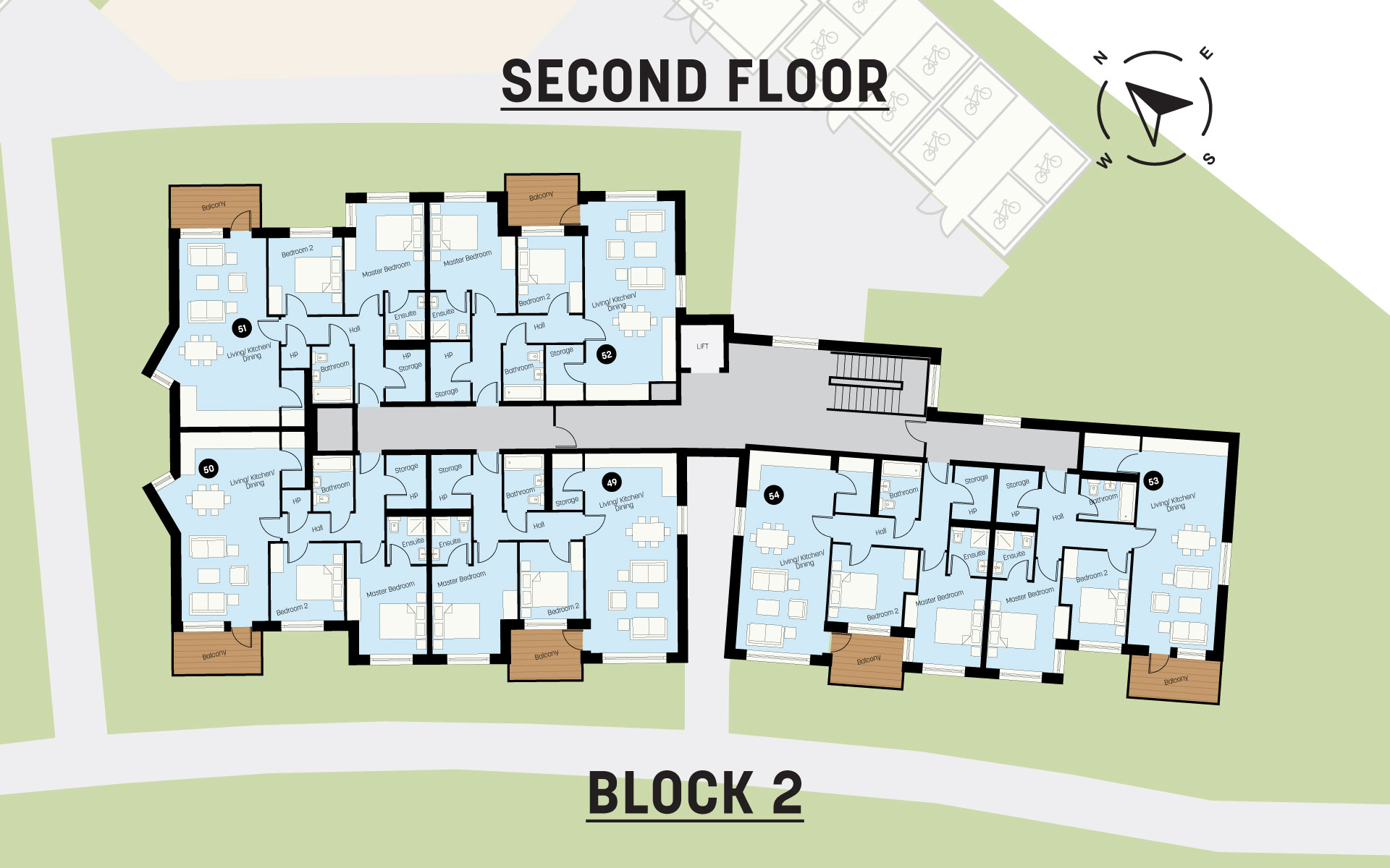 Floor plan of the second floor of Block 2 showing seven apartments with living, kitchen, dining areas, bedrooms, bathrooms, storage spaces, and balconies, plus common hallways and a lift.
